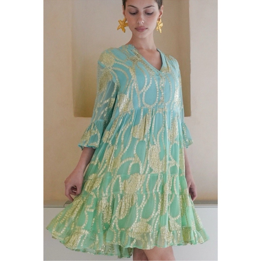Debbie Katz Green and Gold Patterned Dress Sz M